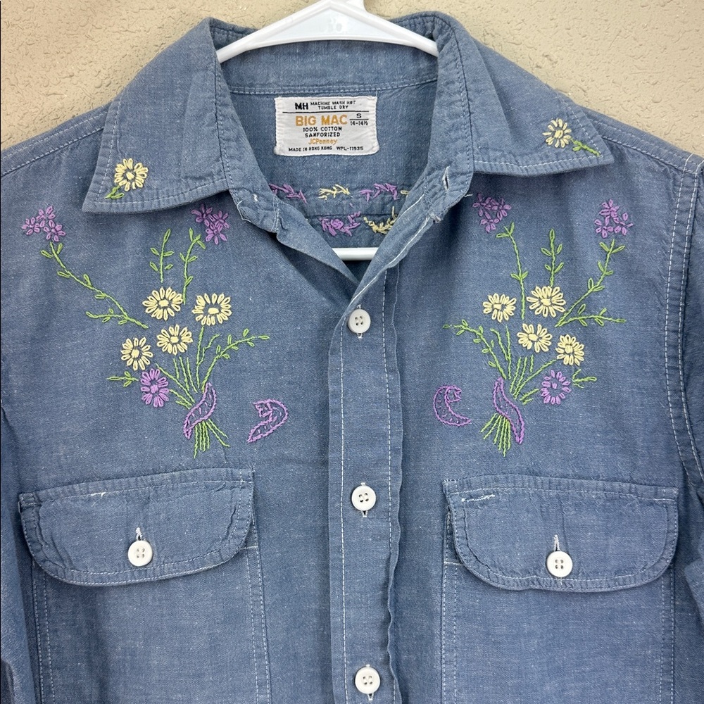 Vtg 70s BIG MAC Chambray Work Shirt Hand EmbroideredFloral HippieBoho JCPenney S - Picture 2 of 11